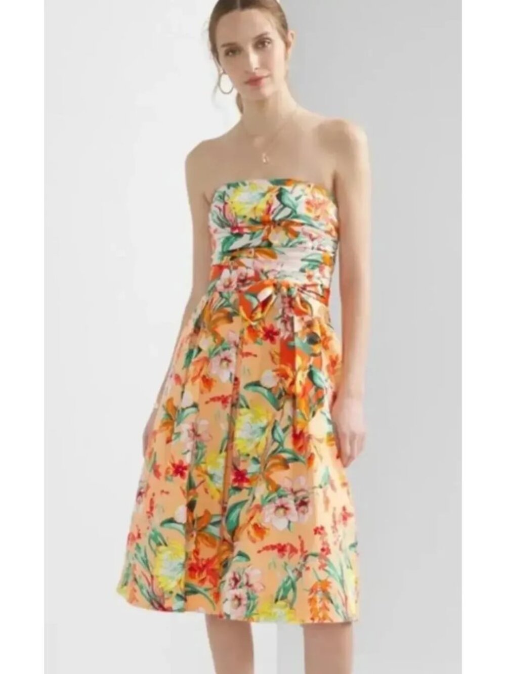 WHITE HOUSE BLACK MARKET Tropical Bustier Strapless Dress Orange Yellow Flowy 10